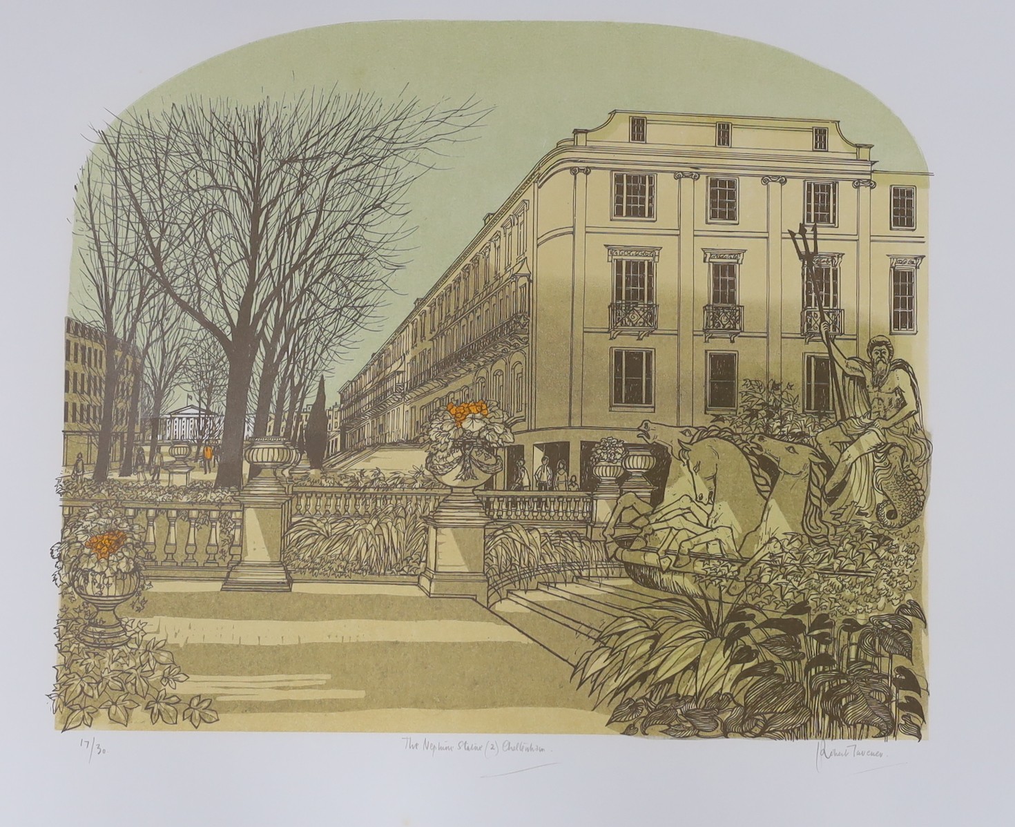 Robert Tavener (1920-2004), linocut, 'The Neptune Statue (2), Cheltenham', signed in pencil, 17/30, 60 x 73cm, unframed